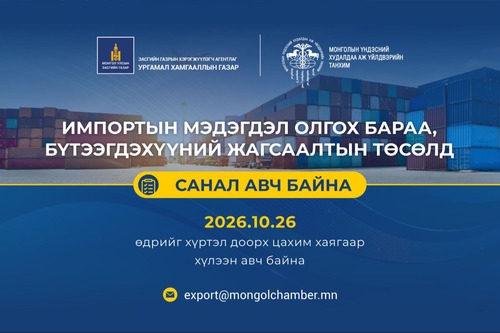 ИМПОРТЫН МЭДЭГДЭЛ ОЛГОХ БАРАА, БҮТЭЭГДЭХҮҮНИЙ ЖАГСААЛТЫН ТӨСӨЛД САНАЛ АВЧ БАЙНА